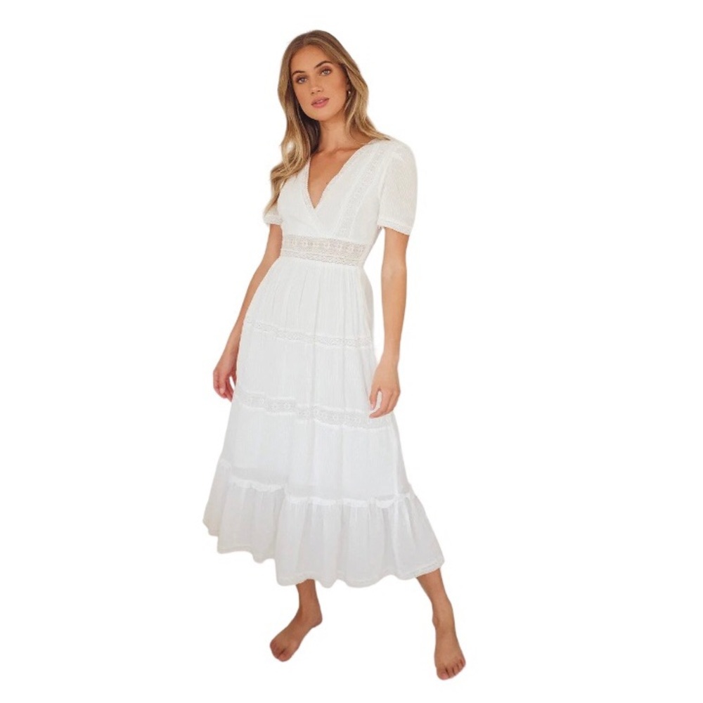 Lulu's Folklore White Swiss Dot Lace Short Sleeve Tiered Midi Dress NWT